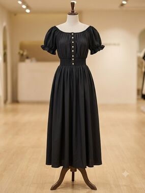 Classic Black Puff-Sleeve Midi Dress